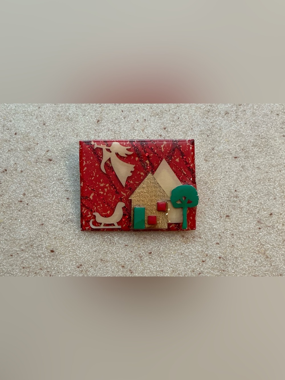 Handcrafted Red Holiday Village Brooch with Festive Accents